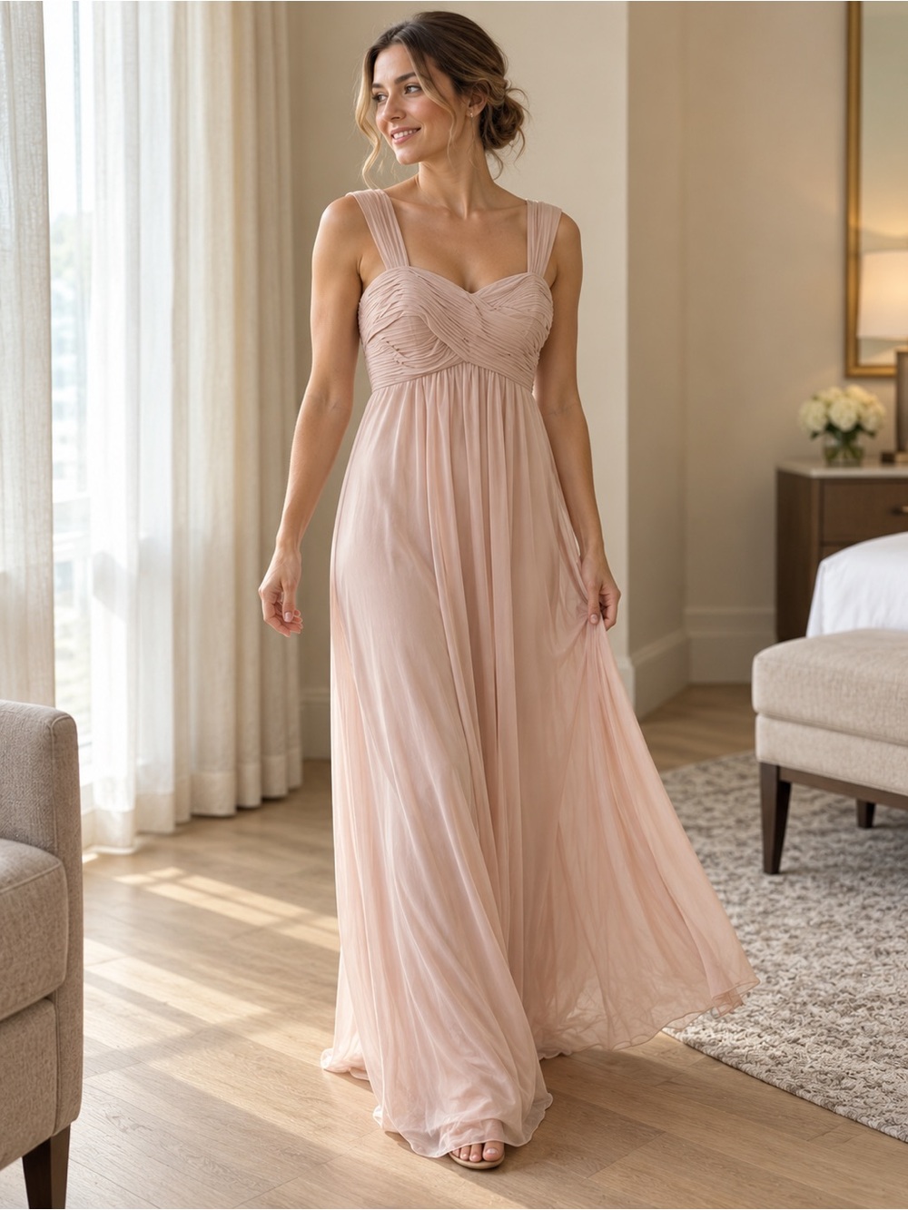 Birdy Grey Soft Blush Ruched Empire Formal Dress with Pockets